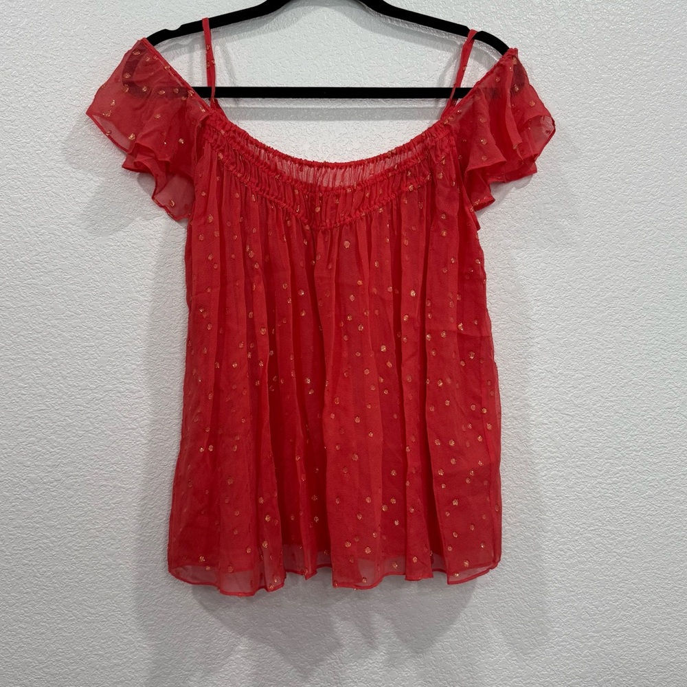Rebecca Taylor Silk Polka Dot Off The Shoulder Top 4 Red Gold